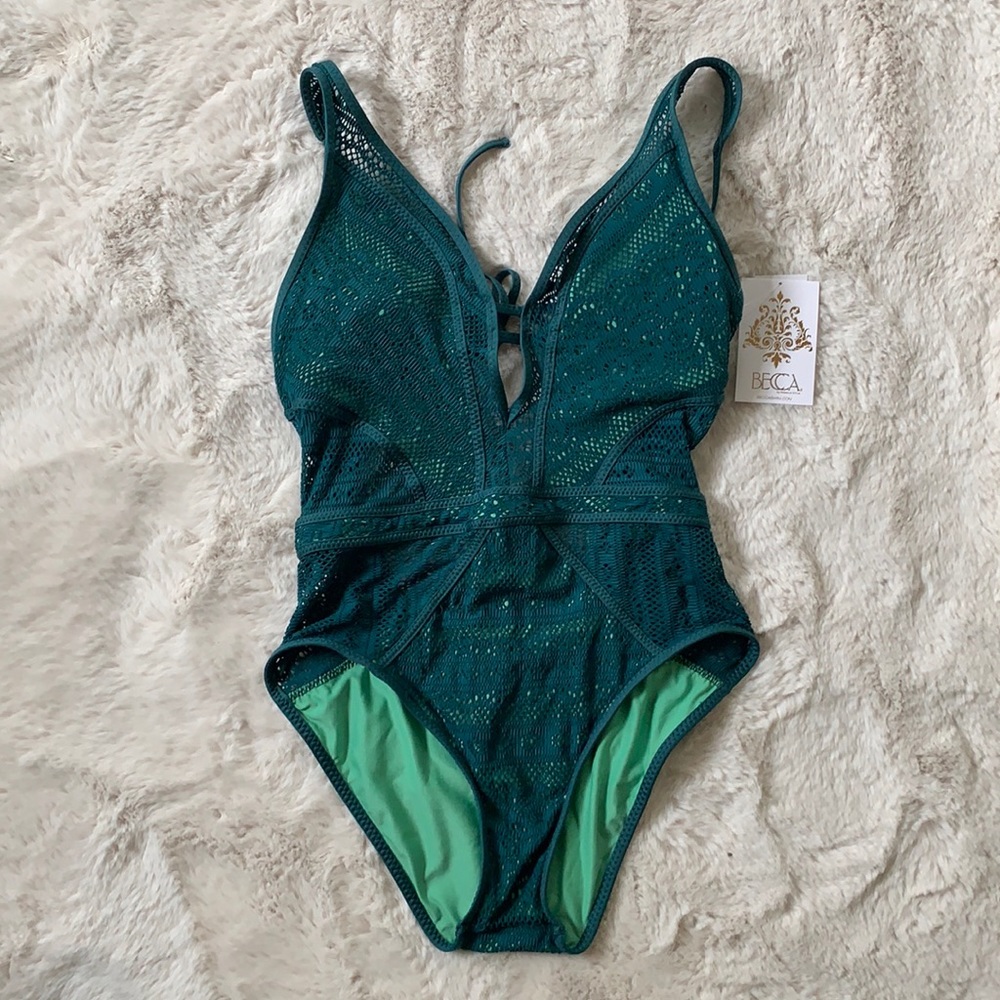 NWT BECCA Wanderlust Teal Crochet Swimsuit
